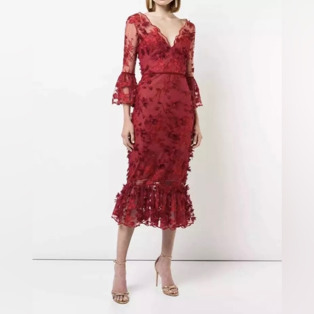 Marchesa Red Lace Sheath Dress with Ruffle Hem